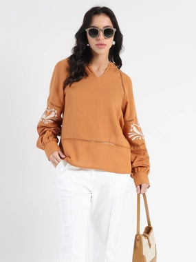 Madame Smocked Lace Detailed Tan Brown Top MinimalistStyle NonToxicCoating