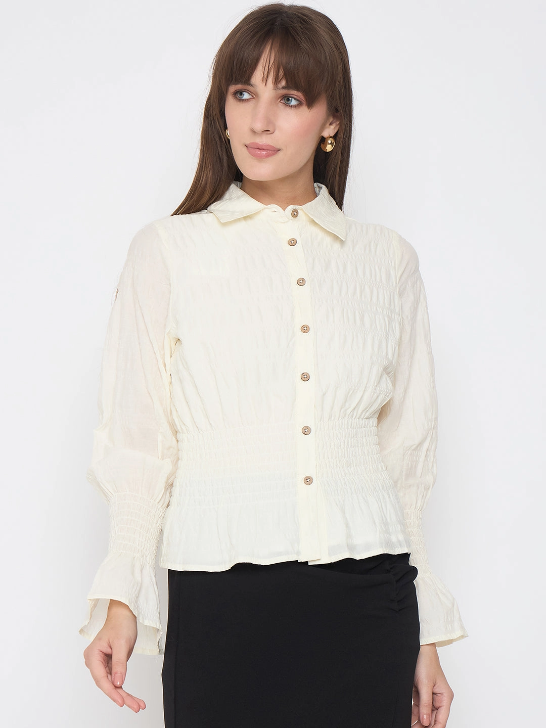 Cooling Core Technology Anti Static Lining Madame Smocked Waist Off White Peplum Shirt