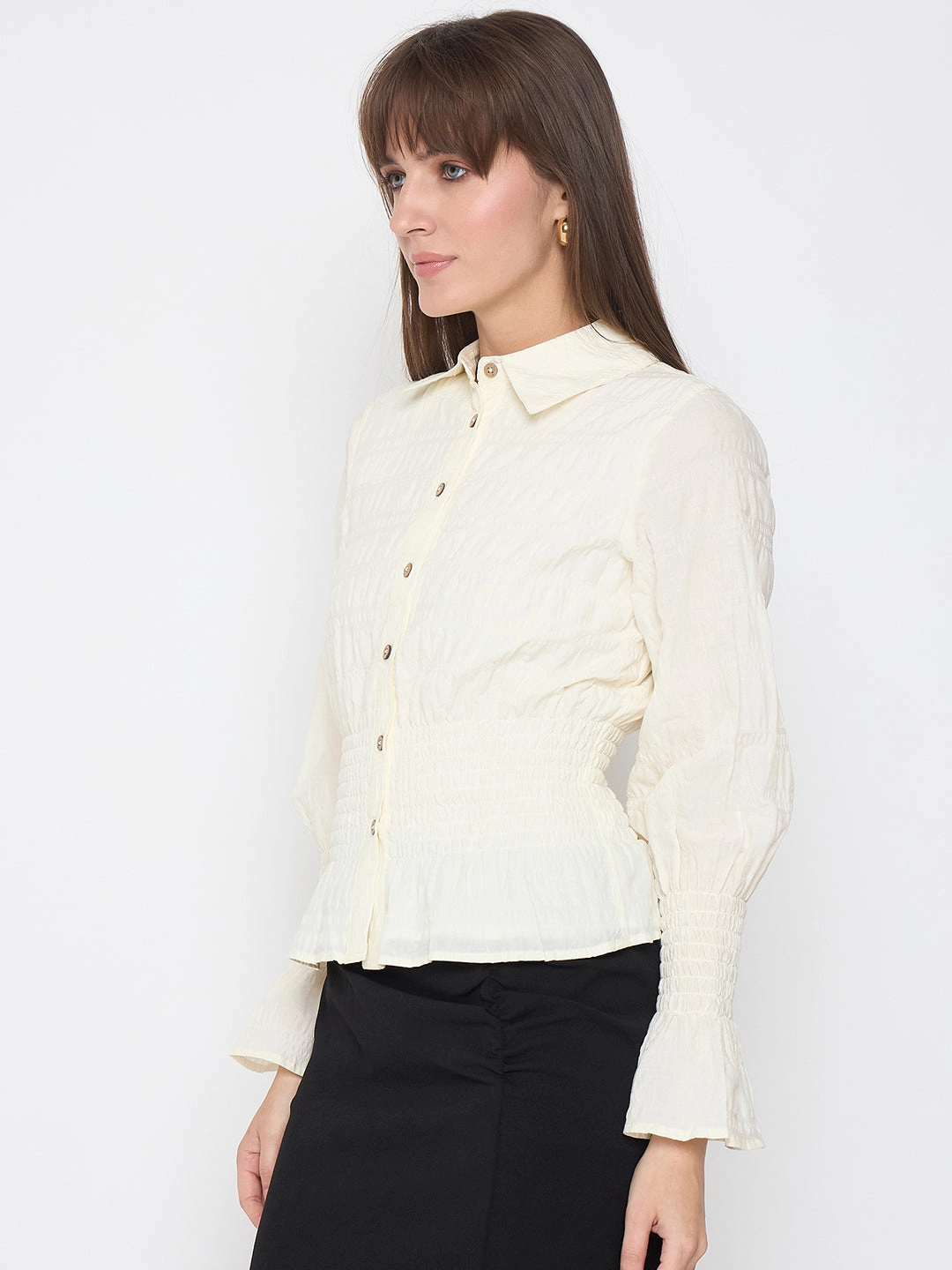 Madame Smocked Waist Off White Peplum Shirt Non Irritating Seams