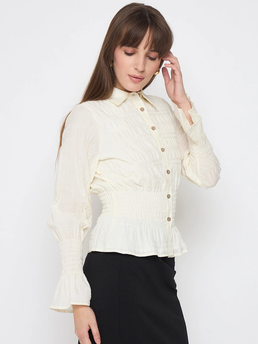Madame Smocked Waist Off White Peplum Shirt Statement Maker