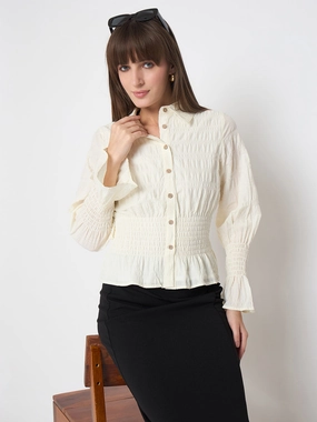 Madame Smocked Waist Off White Peplum Shirt Layered Collar Classic Fit