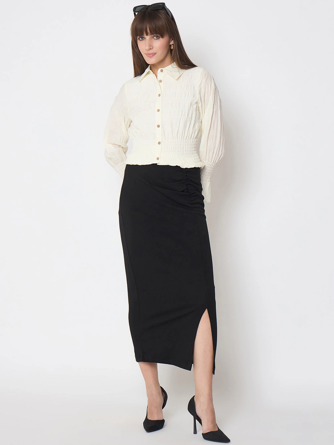 All-Season Wear Madame Smocked Waist Off White Peplum Shirt