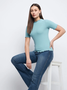 Madame Solid Aqua Blue Lettuce Hem Top Four Way Stretch Fabric AntiBacterial Coating
