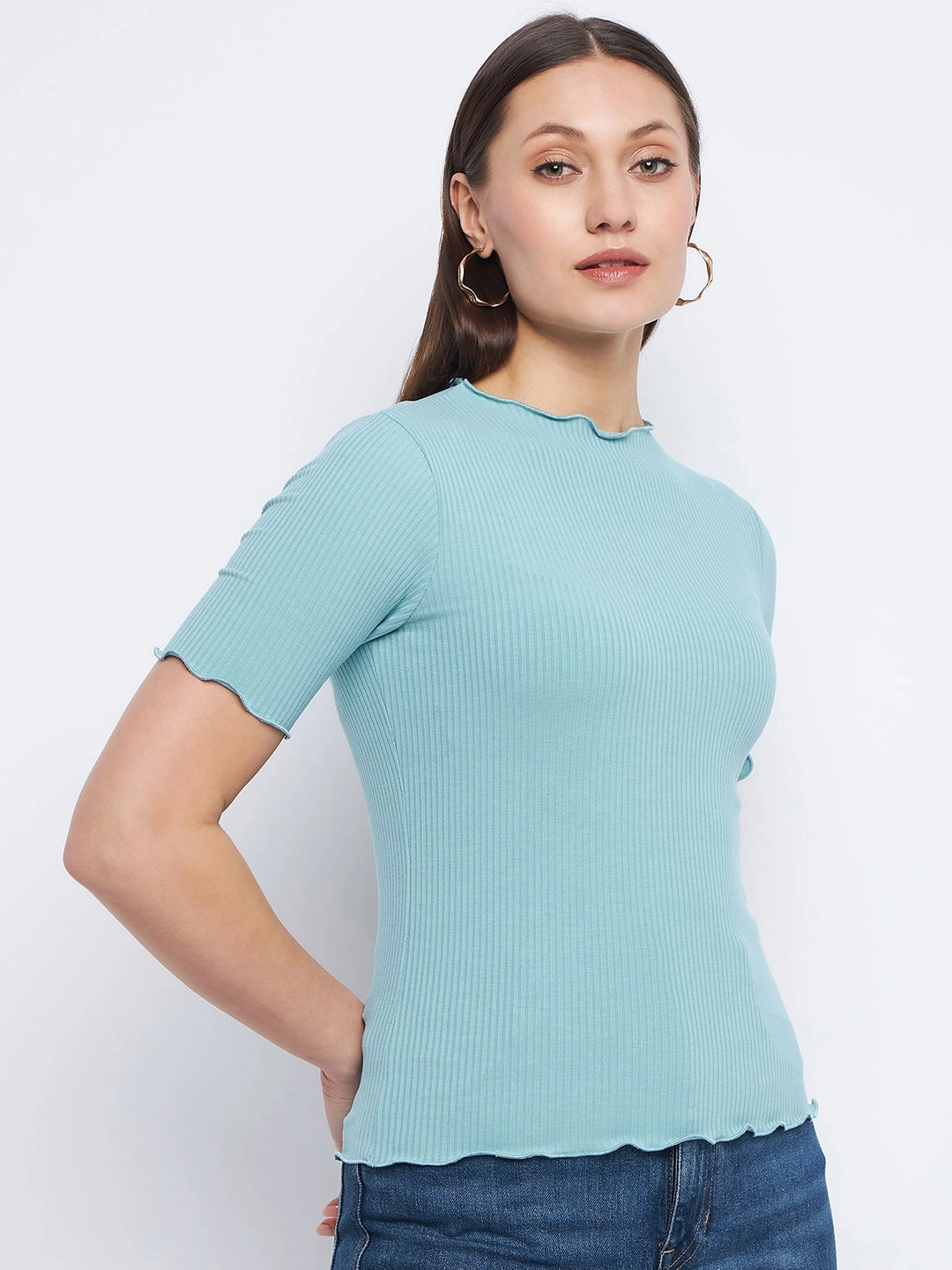 Madame Solid Aqua Blue Lettuce Hem Top Layered Shoulder