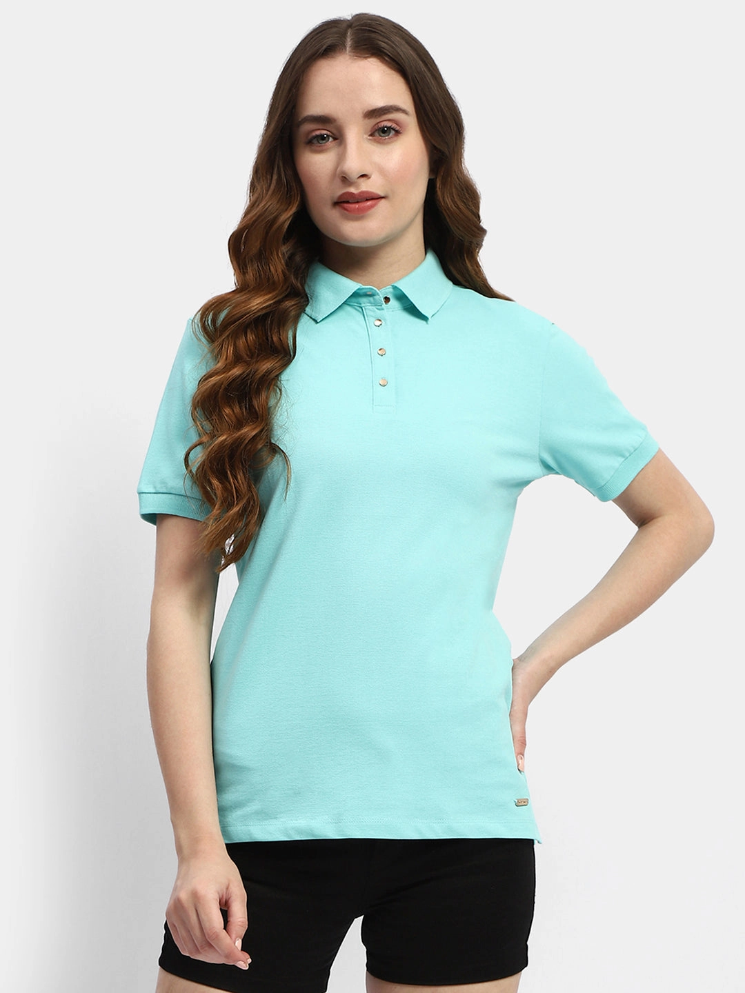 Comfy Look Madame Solid Aqua Blue Polo Neck T-Shirt