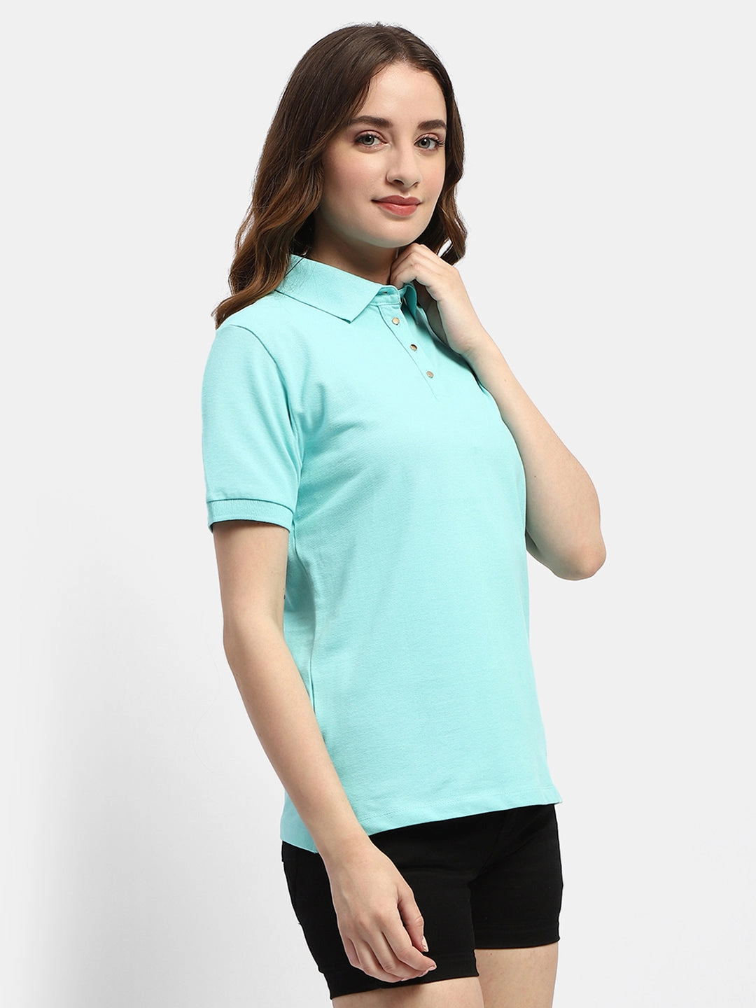 Sport Flex Fit Madame Solid Aqua Blue Polo Neck T-Shirt