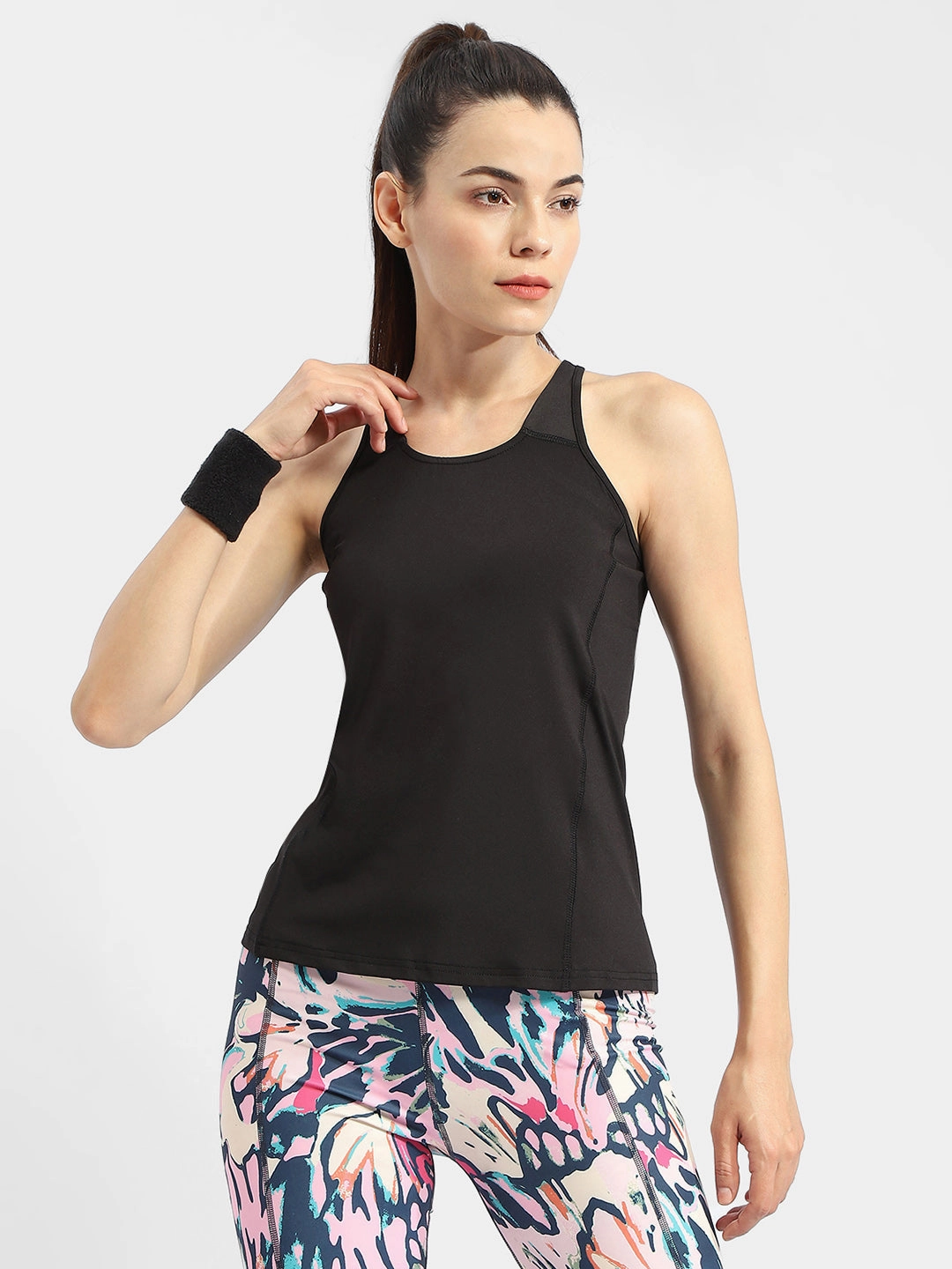 Madame Solid Black Active Tank Top MultiPanelConstruction Adjustable Shoulder Straps