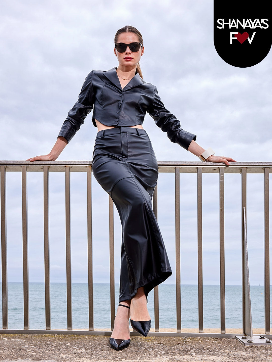 Non Restrictive Mobility Madame Solid Black Buttoned Faux Leather Crop Top