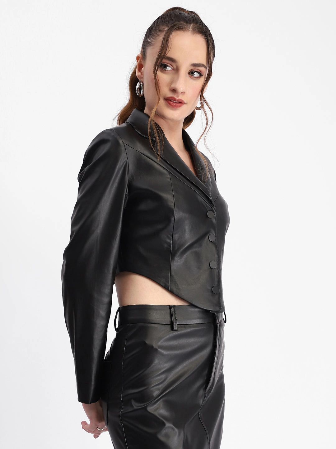 Madame Solid Black Buttoned Faux Leather Crop Top Flexible Hemline TwoToneEffect