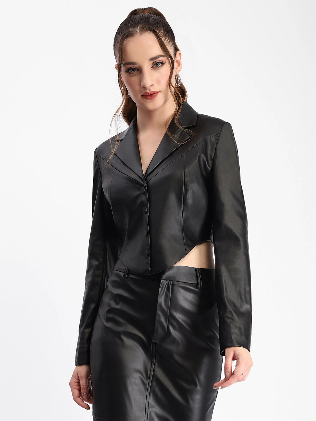 Natural Fiber Blend Sporty Tee Madame Solid Black Buttoned Faux Leather Crop Top