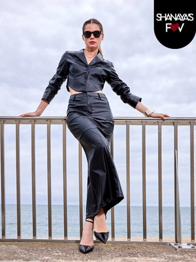 Non Restrictive Mobility Madame Solid Black Buttoned Faux Leather Crop Top