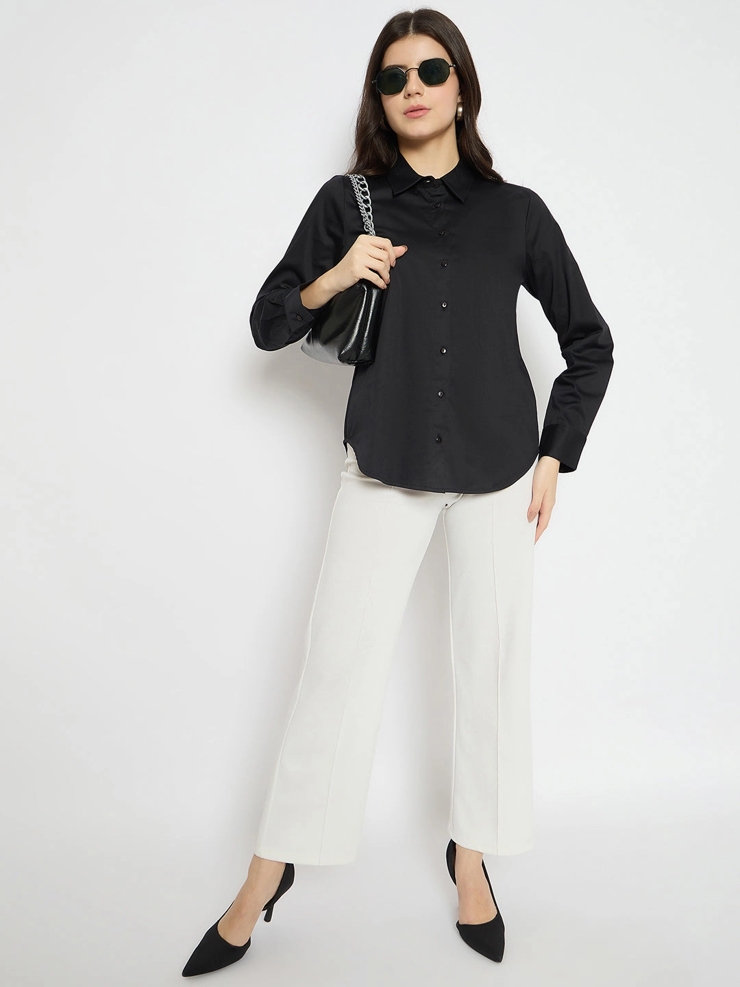 Anti Static Finish Madame Solid Black Cotton Blend Shirt