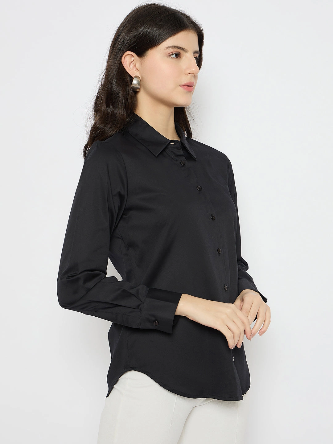 Madame Solid Black Cotton Blend Shirt Iconic look
