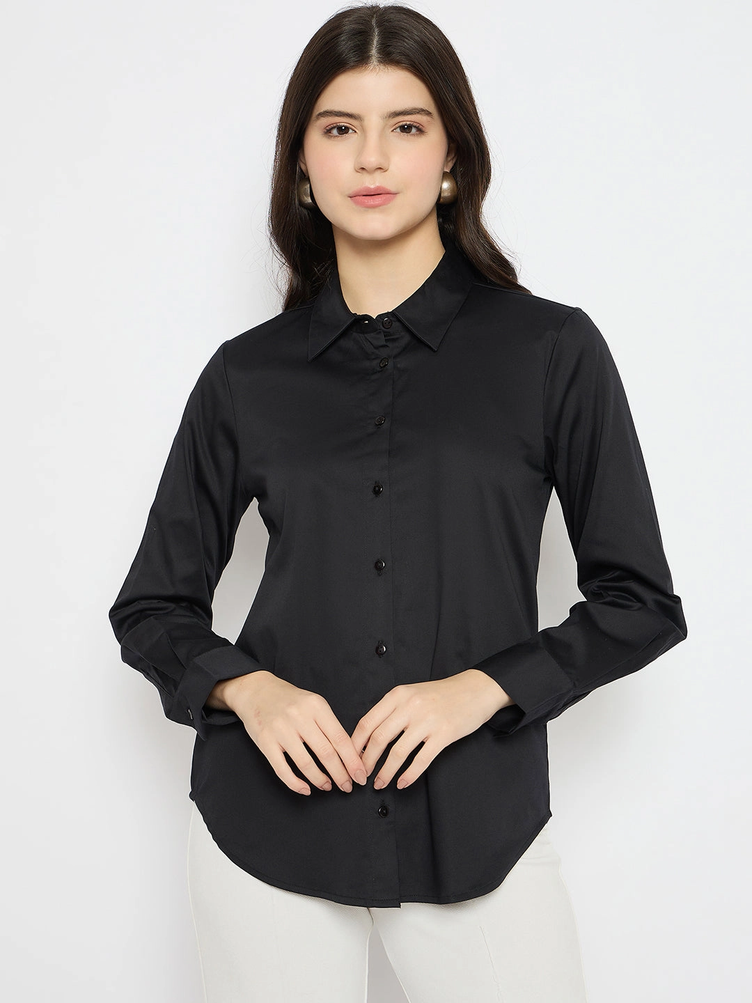 Madame Solid Black Cotton Blend Shirt Ergonomic Back Panel Nautical Look