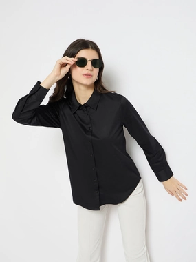 Madame Solid Black Cotton Blend Shirt Vibrant Hue Resort Wear