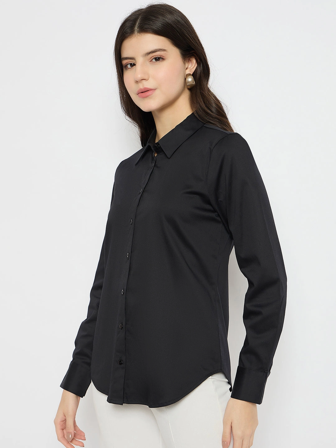 High-End Fashion Madame Solid Black Cotton Blend Shirt