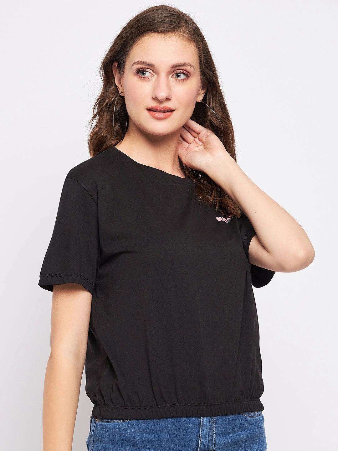 Grid Back Panel Madame Solid Black Elasticated Waist Top