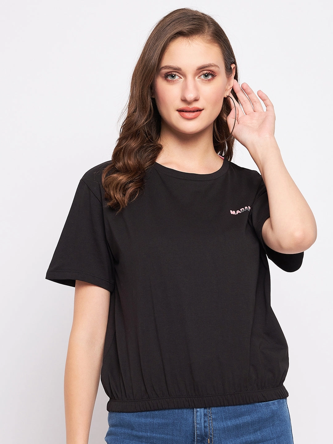 Madame Solid Black Elasticated Waist Top RelaxedFit FadeResistant Coating
