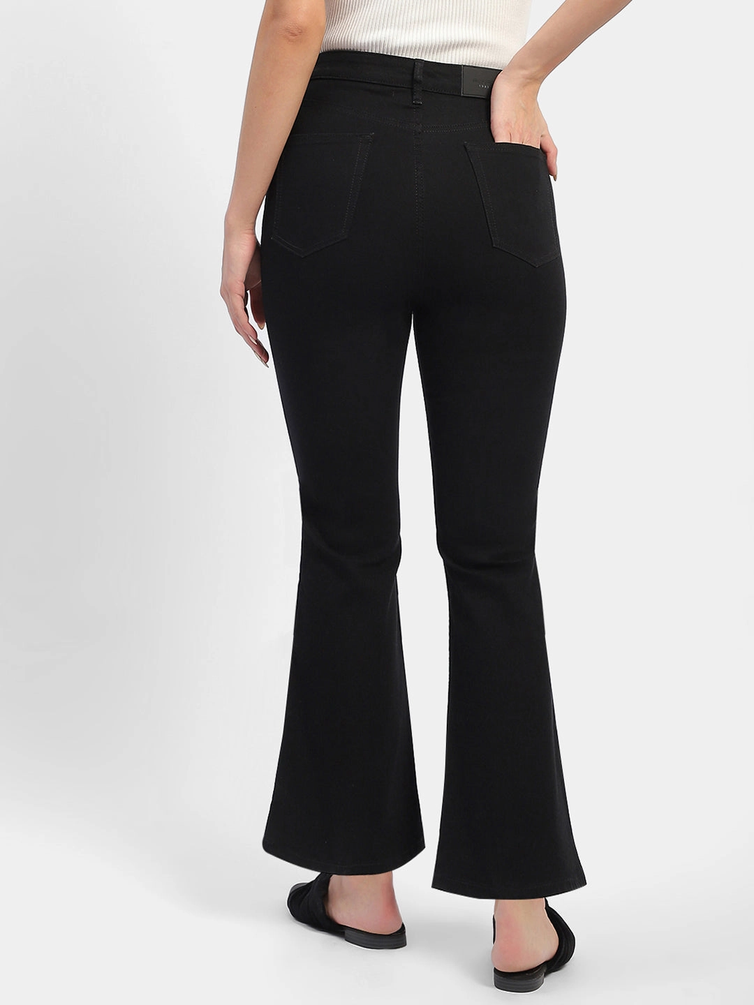 Double Layered Knees Madame Solid Black Flared Denim Jeans