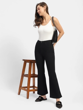 Madame Solid Black Flared Denim Jeans Versatile Waist Design
