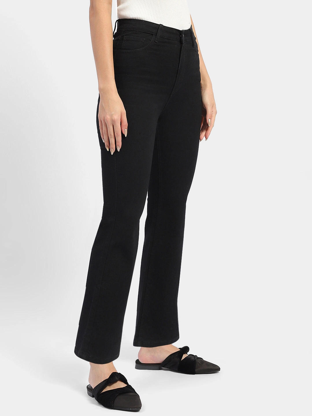 Trusted Outfit Fitted Design Madame Solid Black Flared Denim Jeans