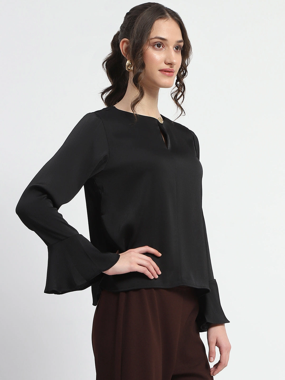 Airflow Ventilation EasyCareMaterial Madame Solid Black Ruffle Sleeve Satin Top
