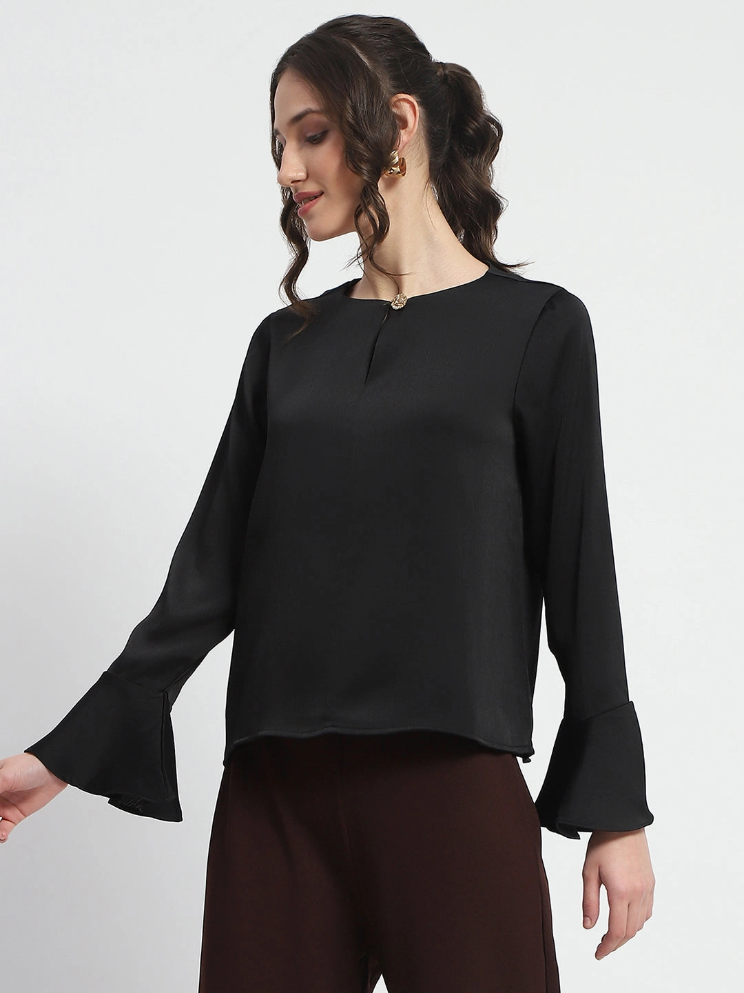 Madame Solid Black Ruffle Sleeve Satin Top Colorfast Dye Method