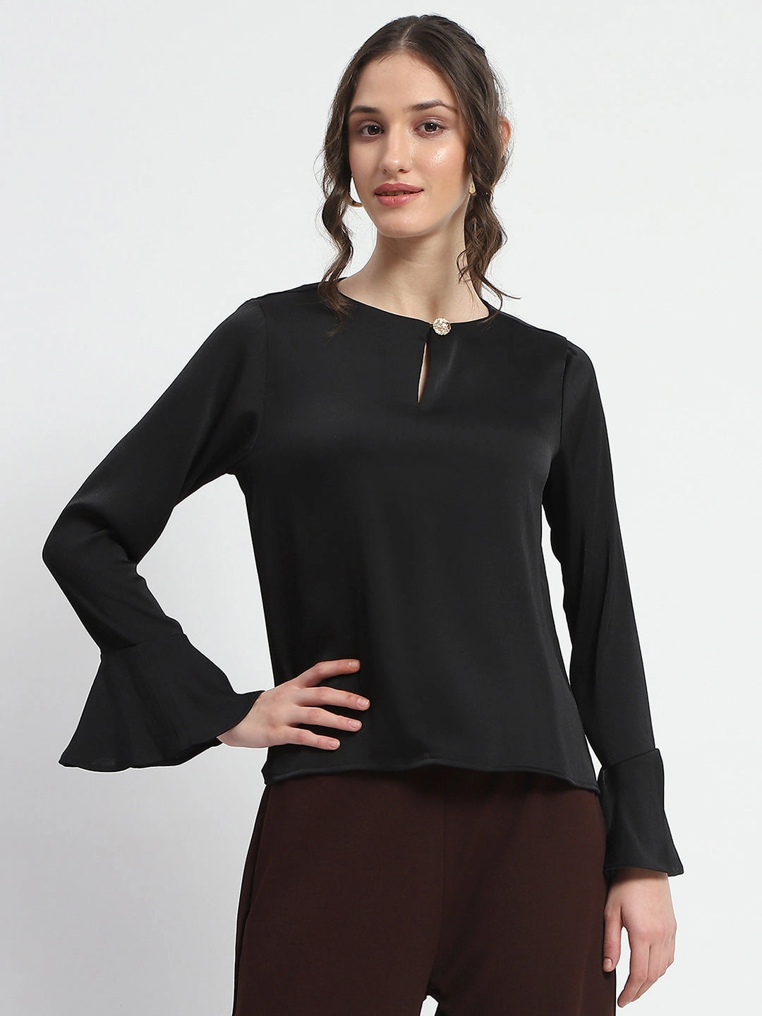 WrinkleResistant Madame Solid Black Ruffle Sleeve Satin Top