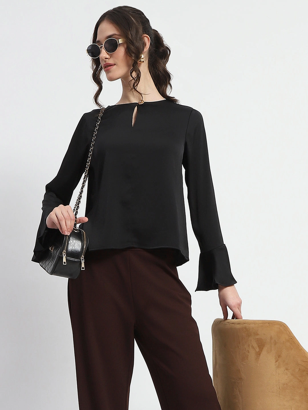 Madame Solid Black Ruffle Sleeve Satin Top MinimalistStyle HighNeck
