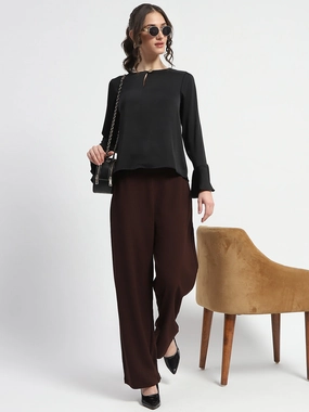 HighNeckCut Madame Solid Black Ruffle Sleeve Satin Top