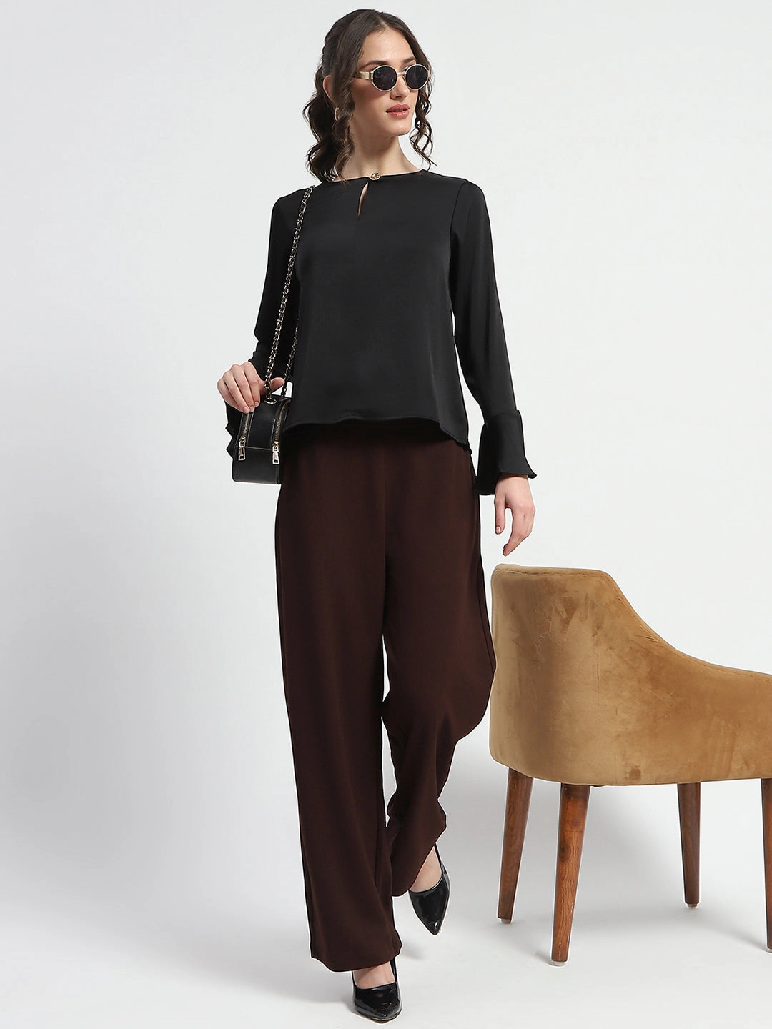 HighNeckCut Madame Solid Black Ruffle Sleeve Satin Top