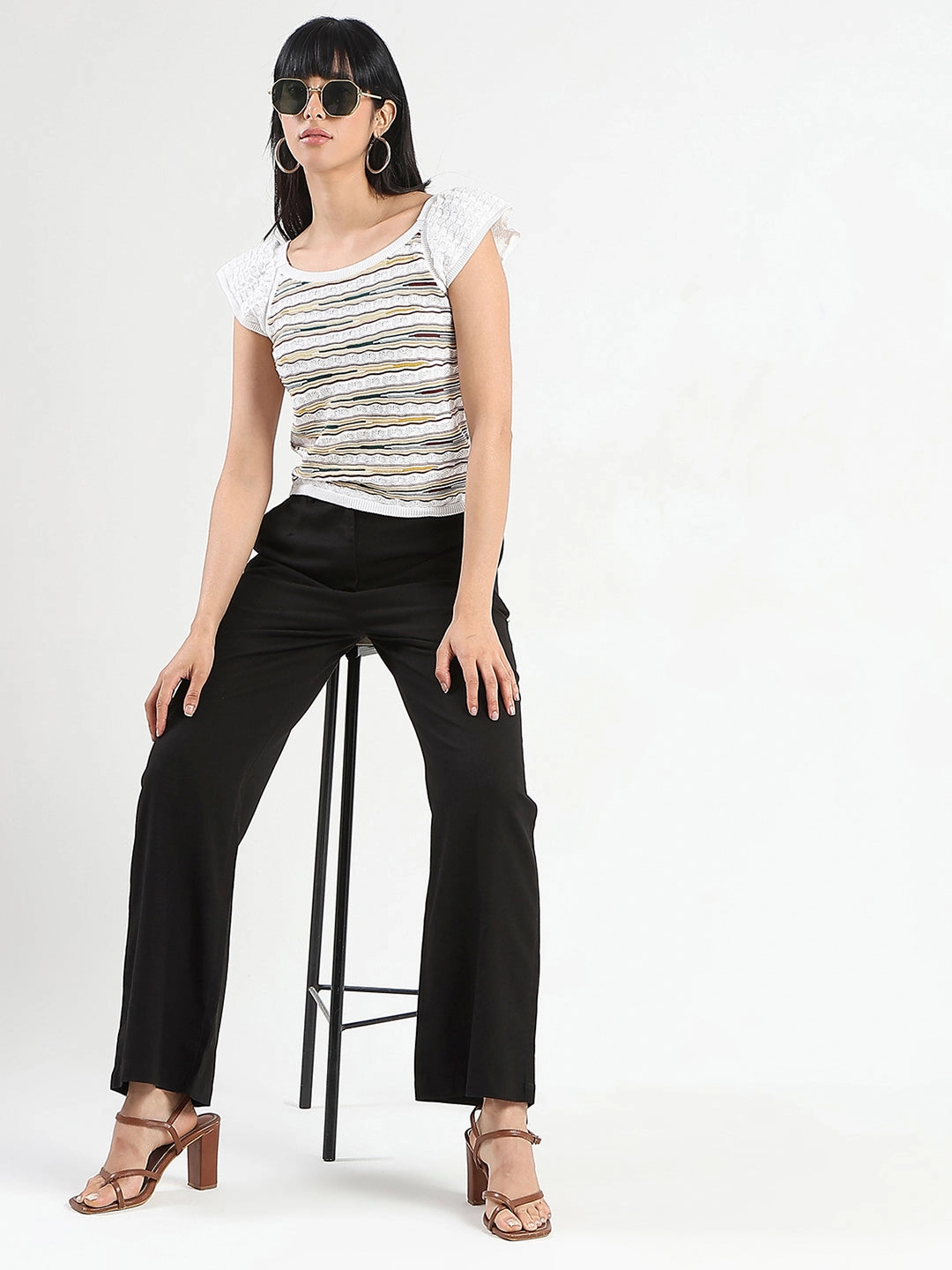 Madame Solid Black Wide Leg Rayon Blend Trousers Sheer Overlay Material