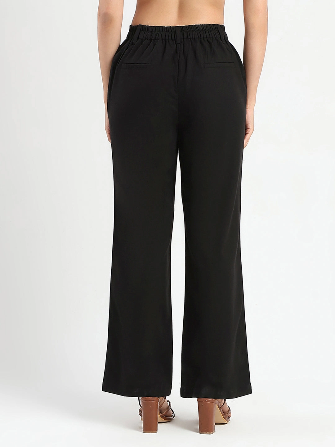 Madame Solid Black Wide Leg Rayon Blend Trousers Adjustable Hem Cuff