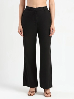 Flexible Material Minimalist Silhouette Madame Solid Black Wide Leg Rayon Blend Trousers
