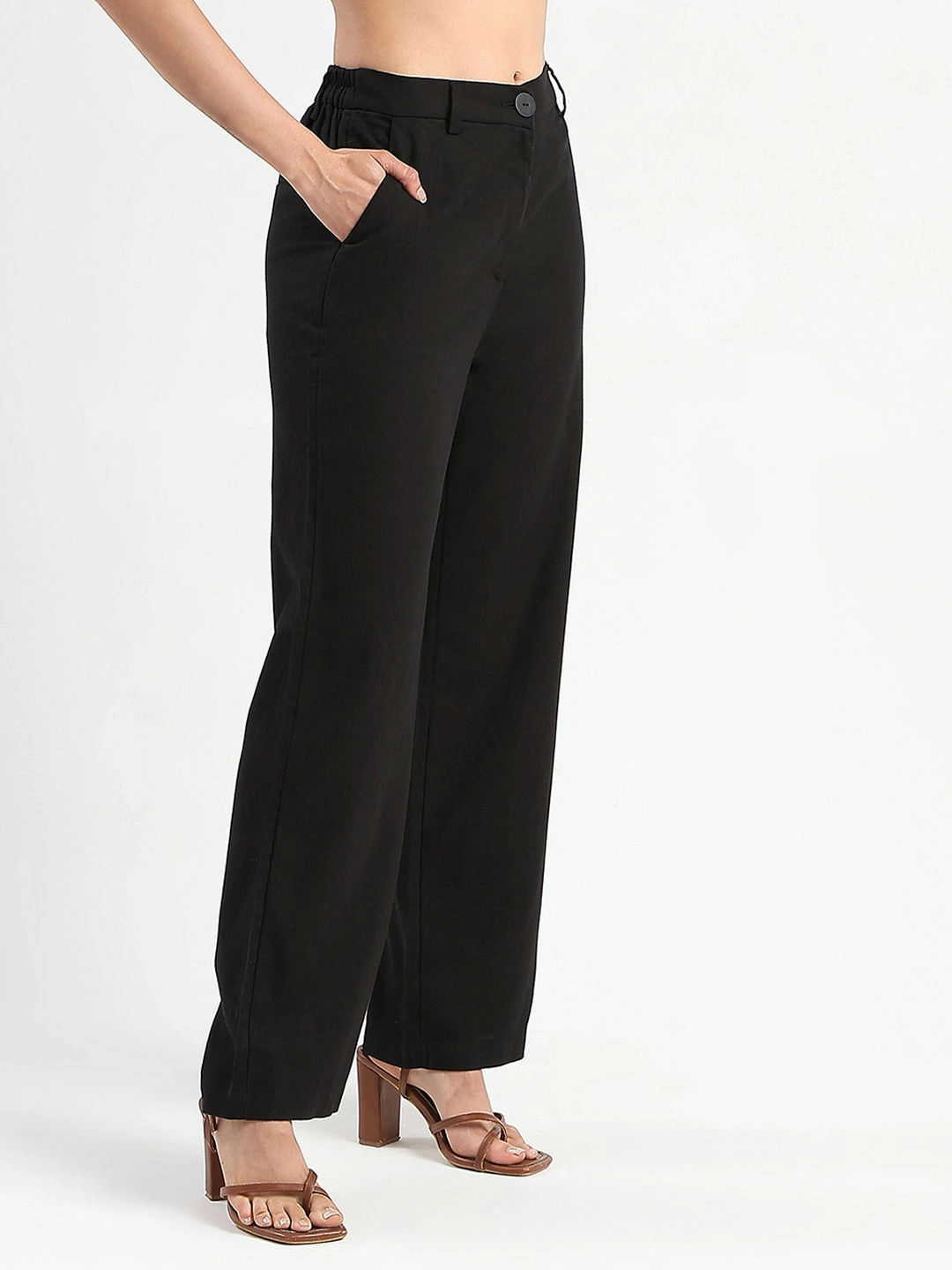 Madame Solid Black Wide Leg Rayon Blend Trousers DualLayer Weave Wicking Inner Lining