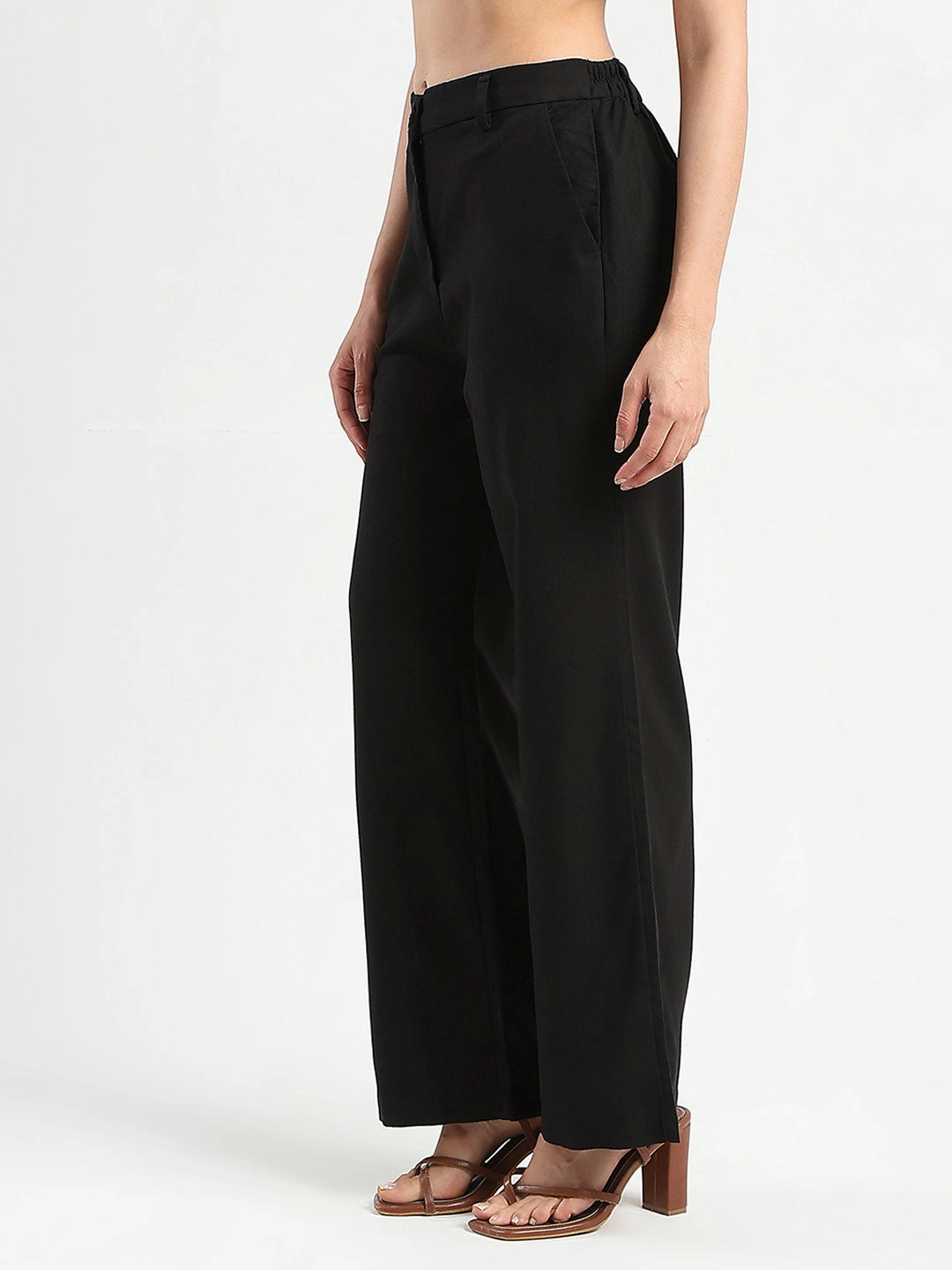 Madame Solid Black Wide Leg Rayon Blend Trousers Quick Access Slit