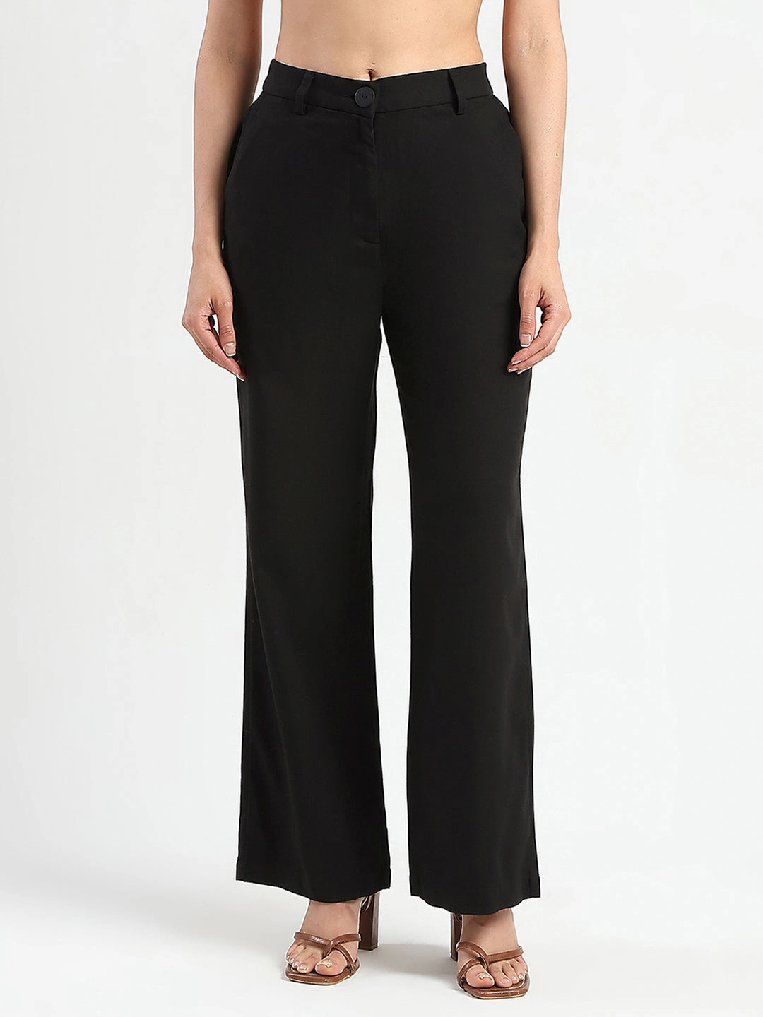 Flexible Material Minimalist Silhouette Madame Solid Black Wide Leg Rayon Blend Trousers