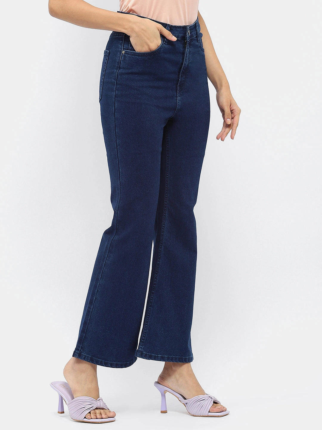 Madame Solid Blue Flared Denim Jeans Ready For All