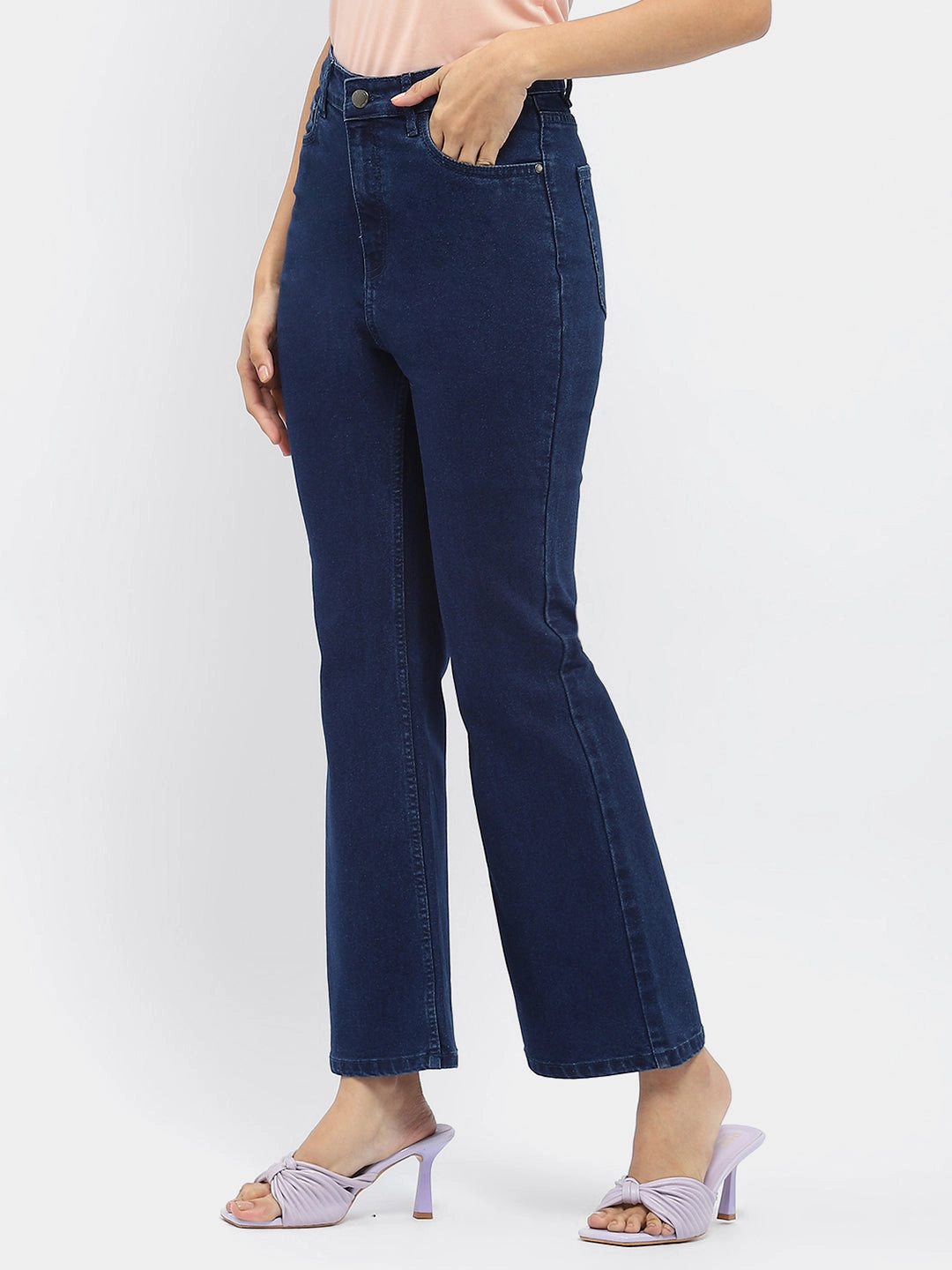 Madame Solid Blue Flared Denim Jeans Smooth Minimalist Everyday Piece
