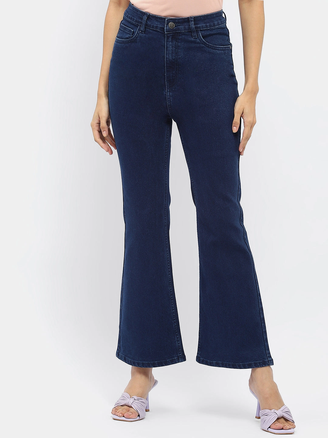 Crisp Look No Gap Waist Madame Solid Blue Flared Denim Jeans