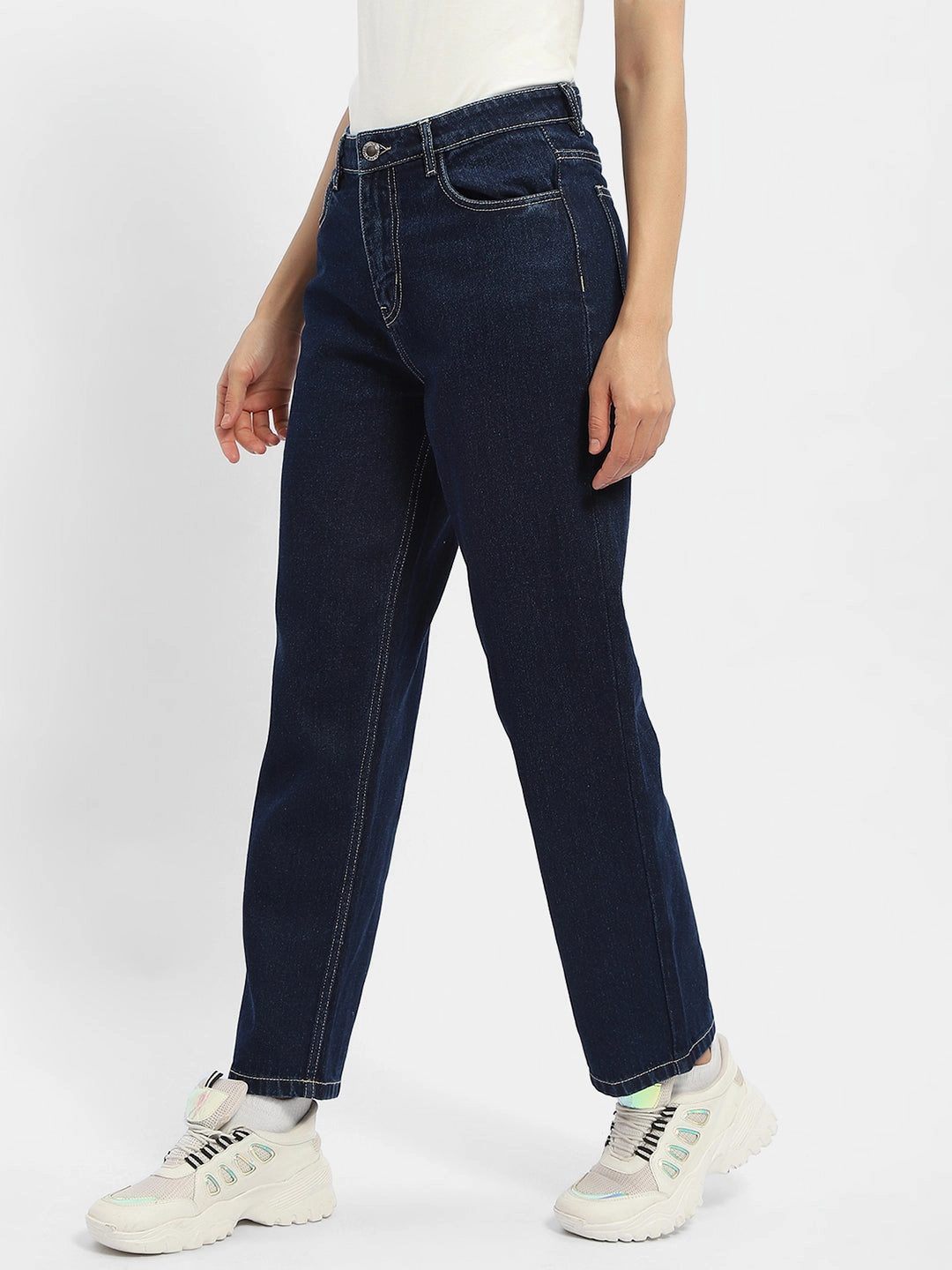 Resilient material Relaxed Style Smart Casual Minimalist Style Madame Solid Blue Straight Jeans