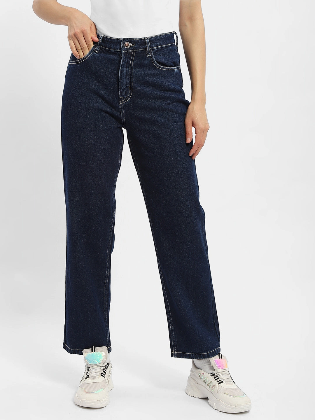 Madame Solid Blue Straight Jeans Soft Stretch