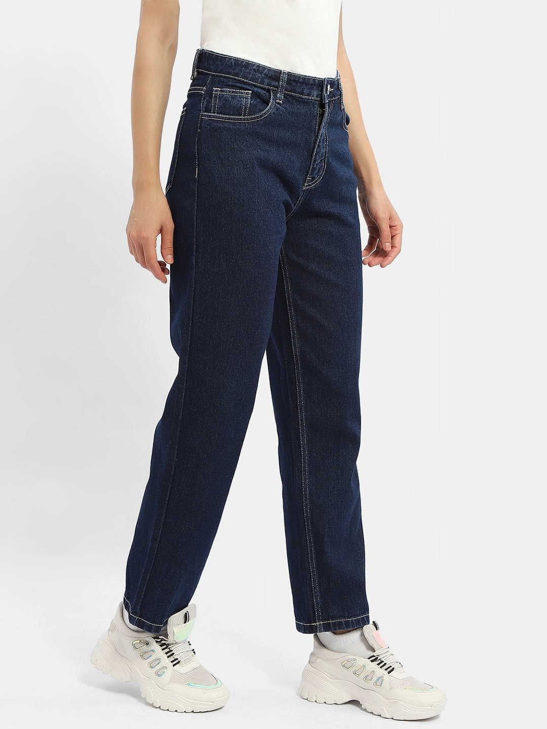 Madame Solid Blue Straight Jeans Urban Explorer Picnic Style All Day Use