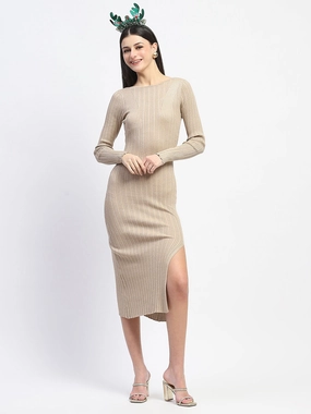 Madame Solid Brown Bodycon Dress Smart Fabric