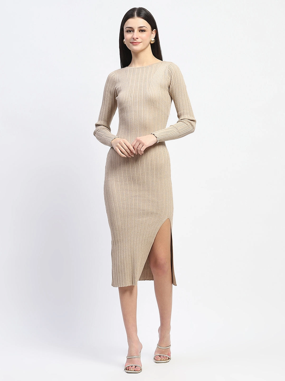 Madame Solid Brown Bodycon Dress Natural Tones Theater-Night