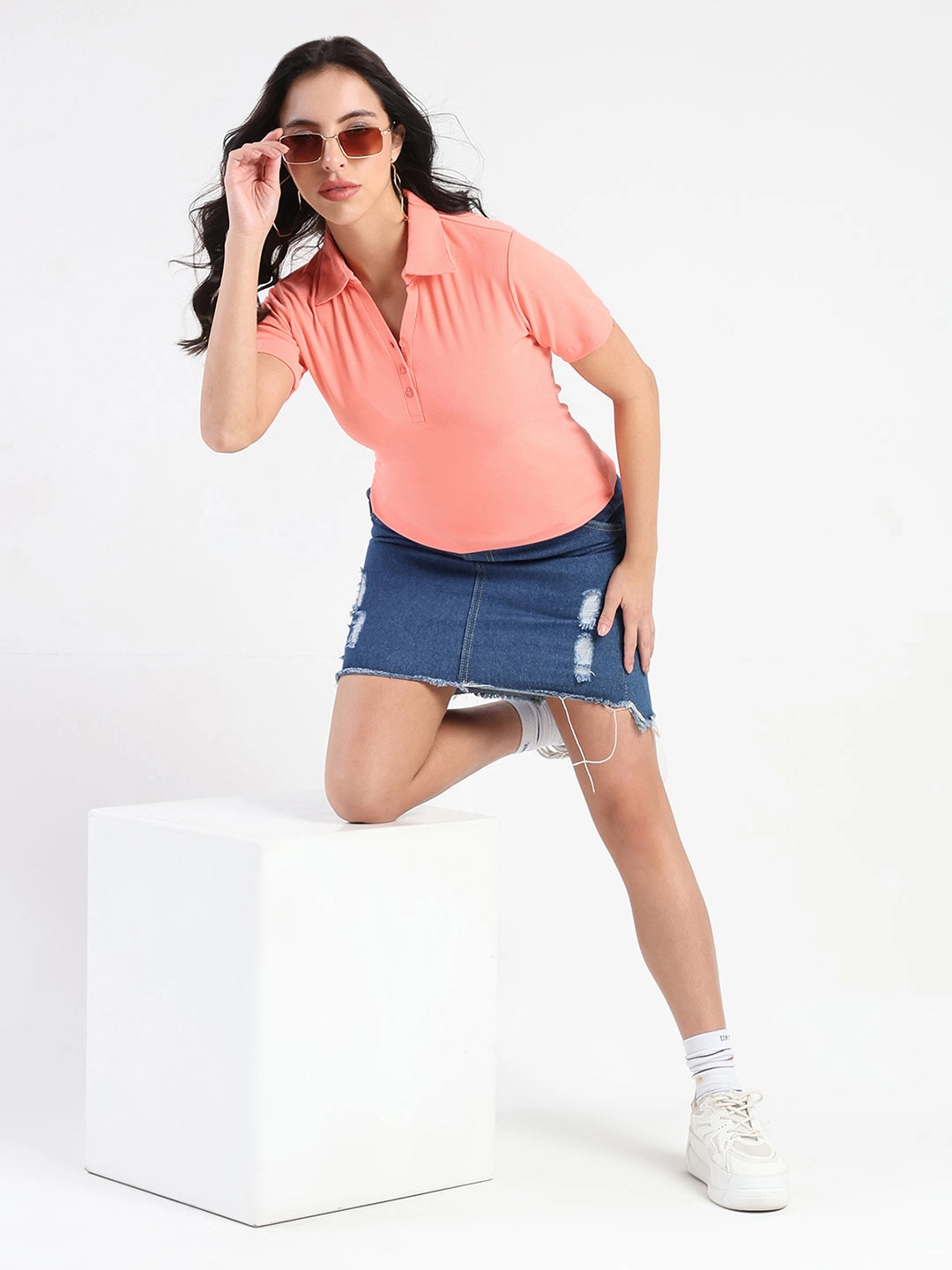 Retro Button Down Madame  Solid Carrot Polo Pique T-shirt