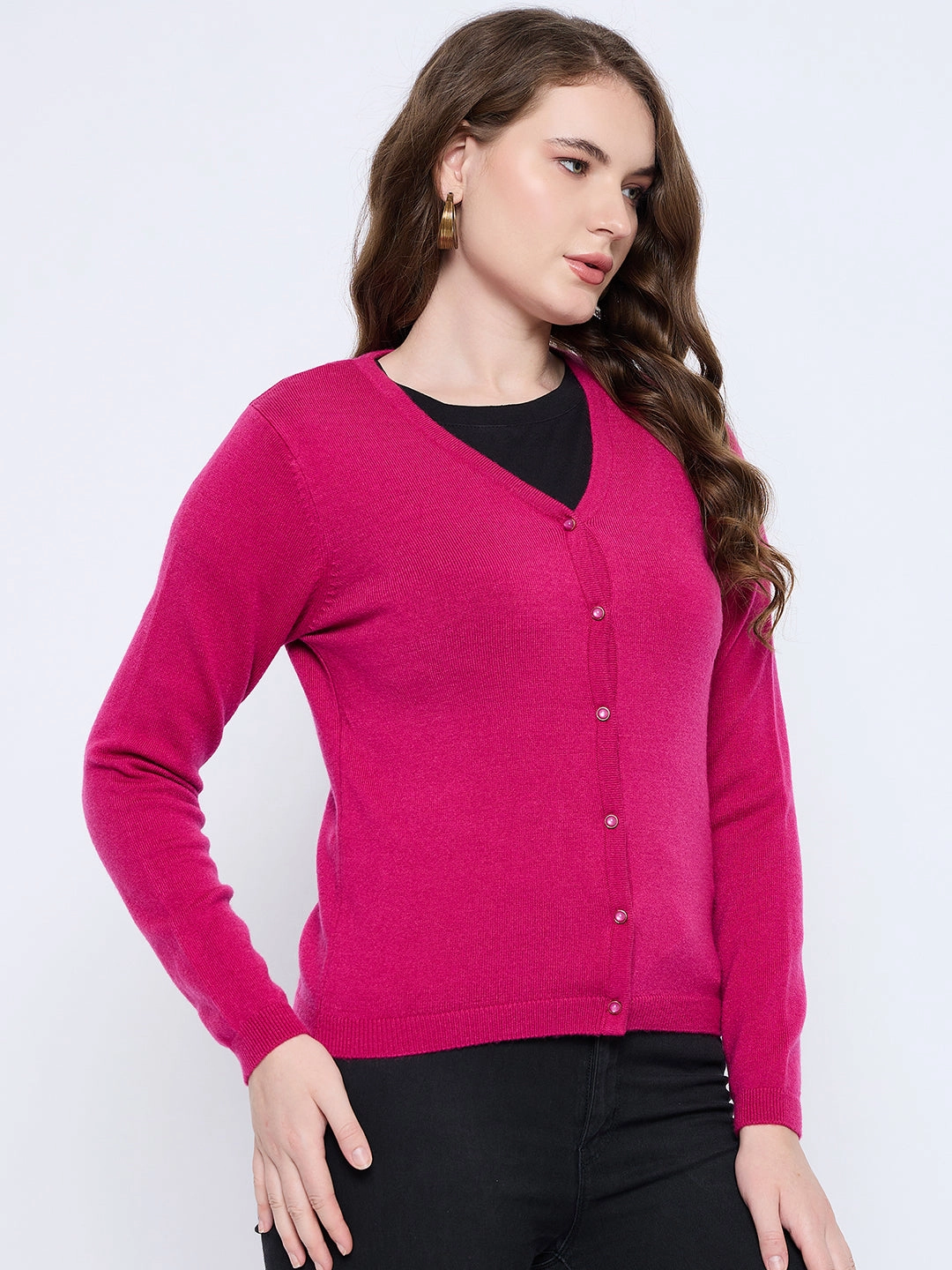 Contrast Stitch Accent Madame Solid Fuschia Button Down Cardigan