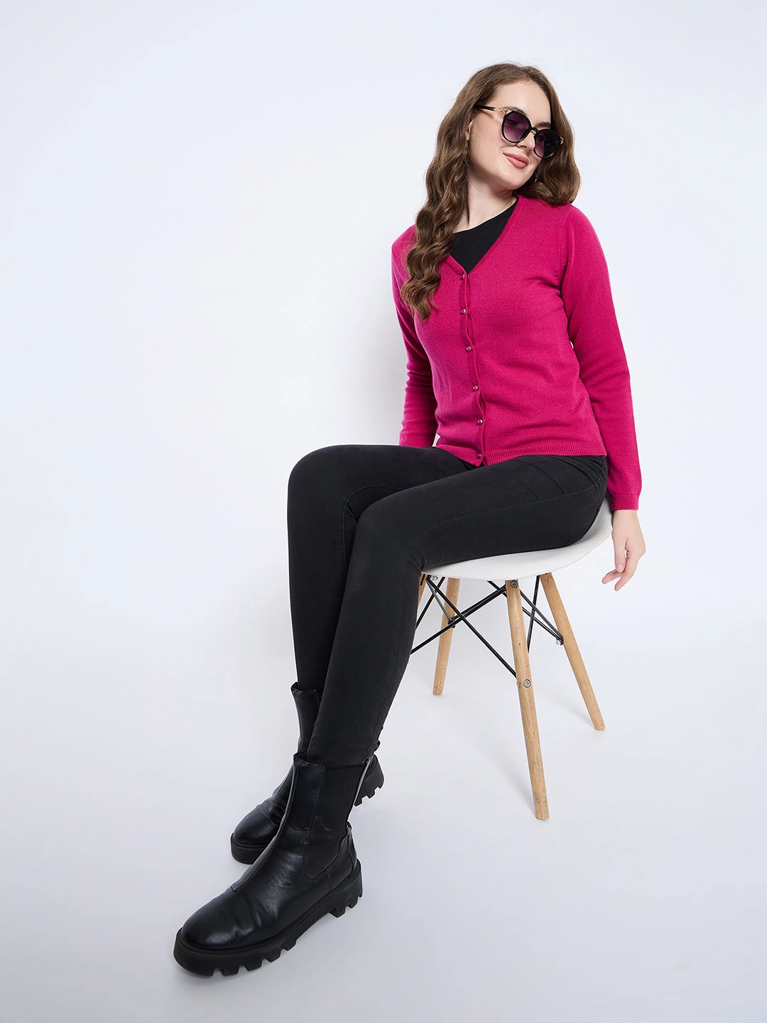 Zero Waste Production Label Adaptive Waistband Madame Solid Fuschia Button Down Cardigan
