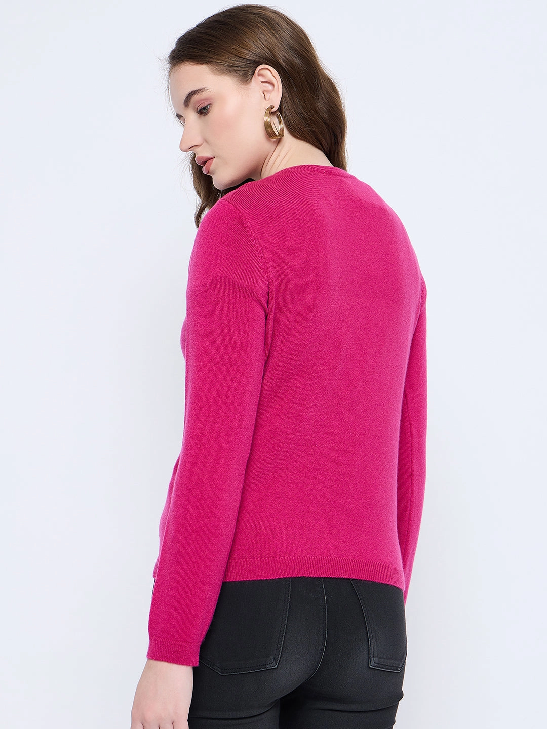 ConvertibleSleeves Tagless Collar Madame Solid Fuschia Button Down Cardigan