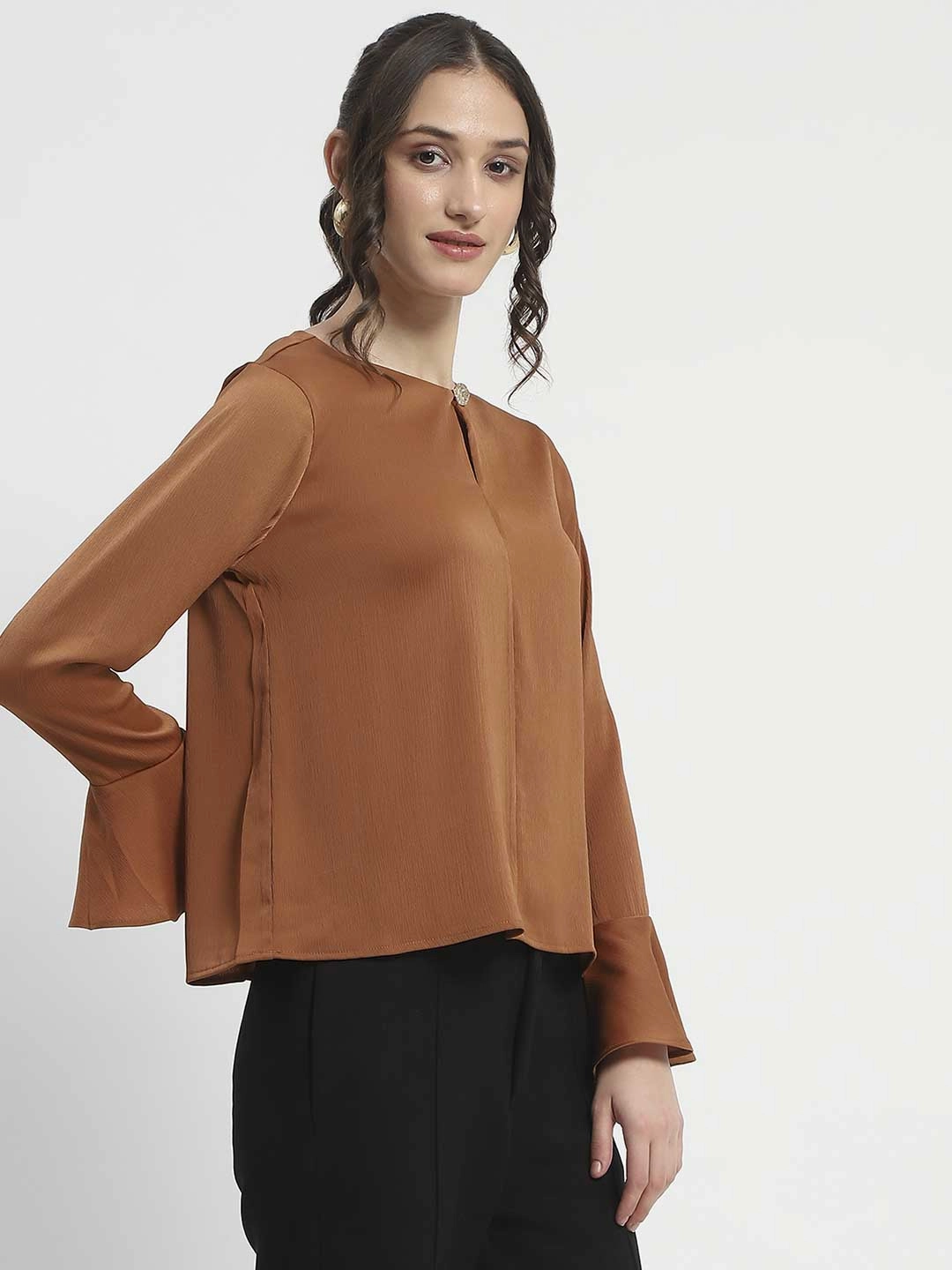 Madame Solid Golden Ruffle Sleeve Satin Top ErgonomicSleeves